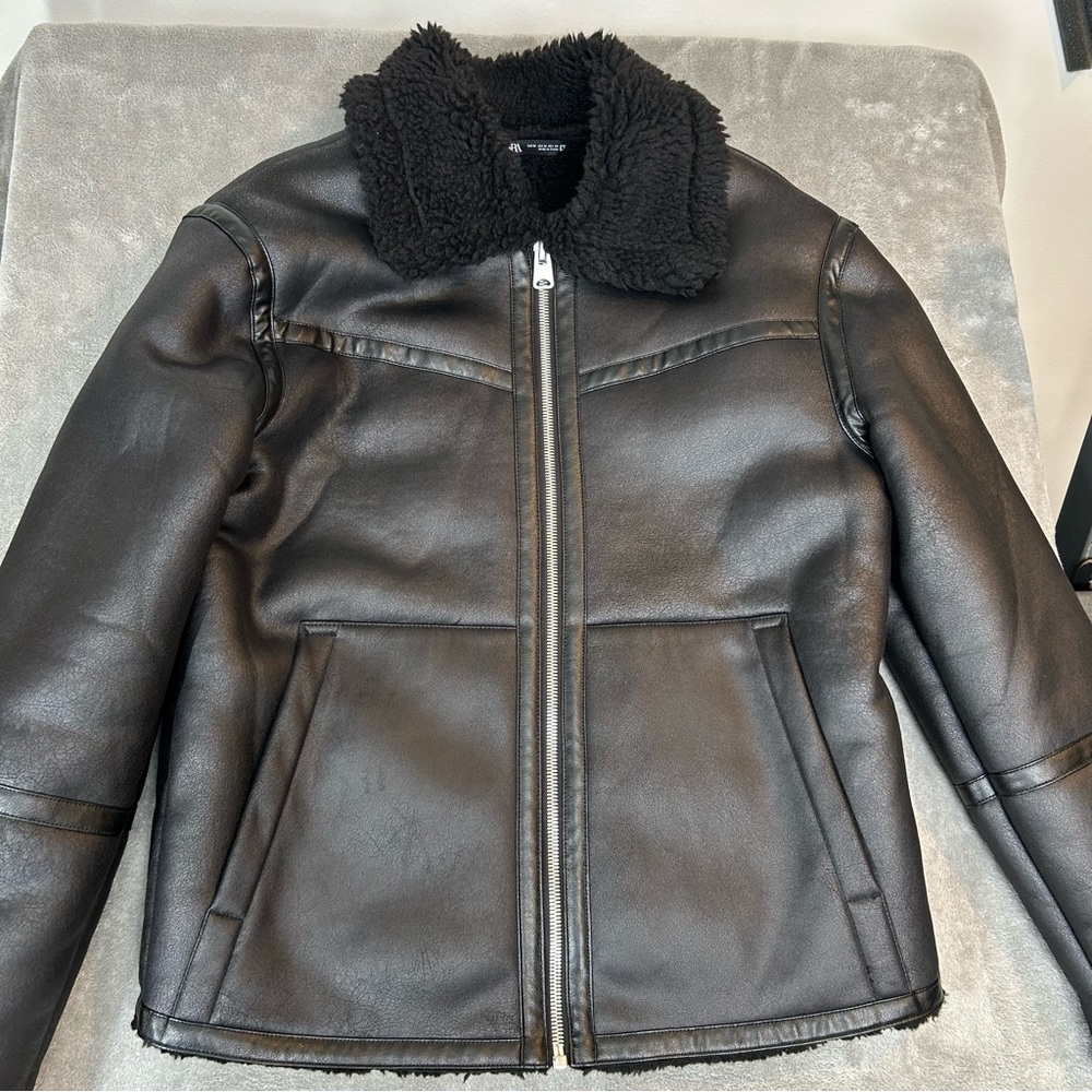 ZARA Biker Moto Jacket Coat Womens Faux Leather Fur Size M Color Black Aviator - Picture 2 of 16